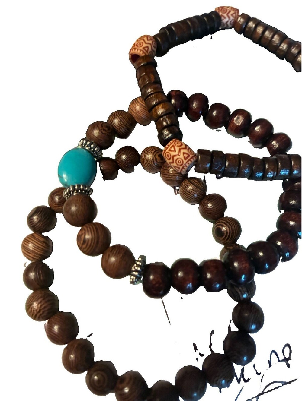 Boho Wooden Bead Bracelet Stack | Turquoise Accent & Patterned Spacer Beads